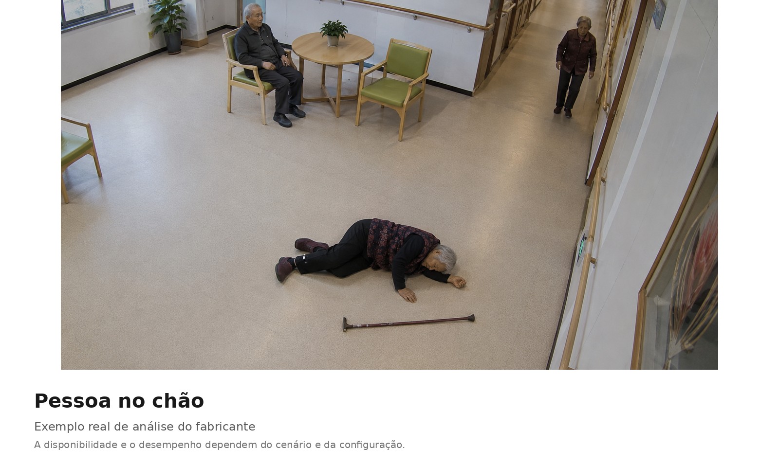 Frame de análise do fabricante mostrando uma pessoa no chão em área monitorada
