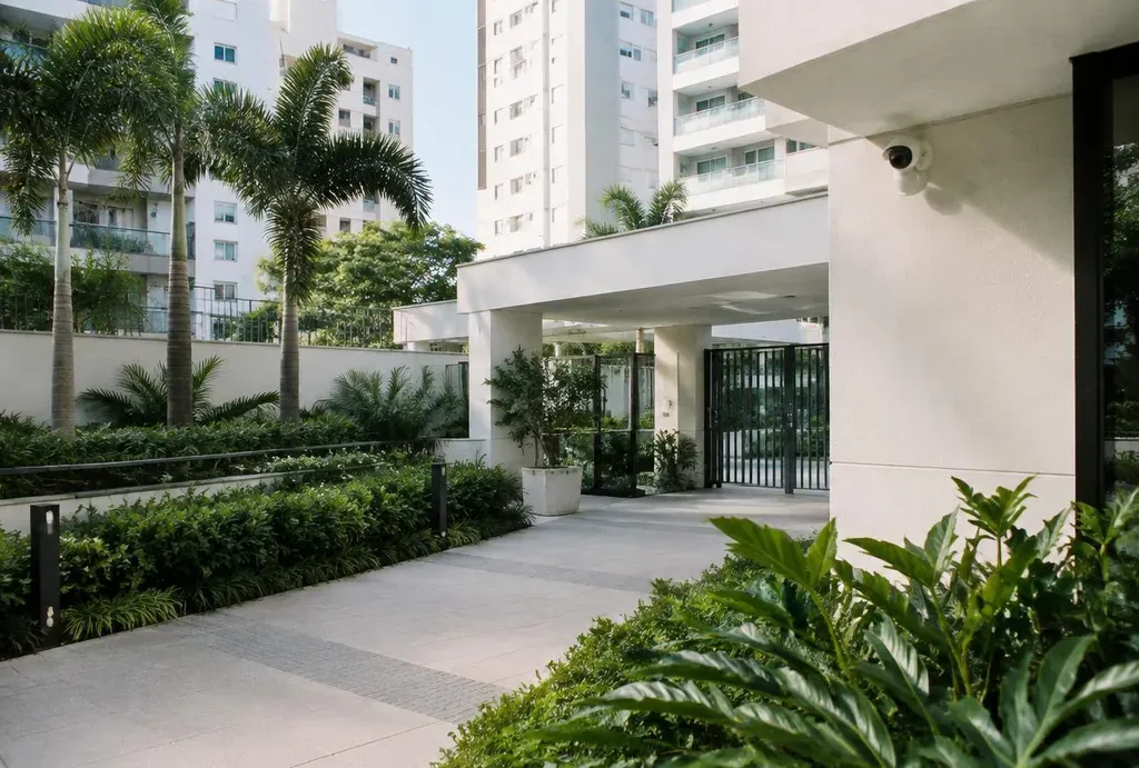Área de entrada de condomínio residencial com câmera de segurança na parede