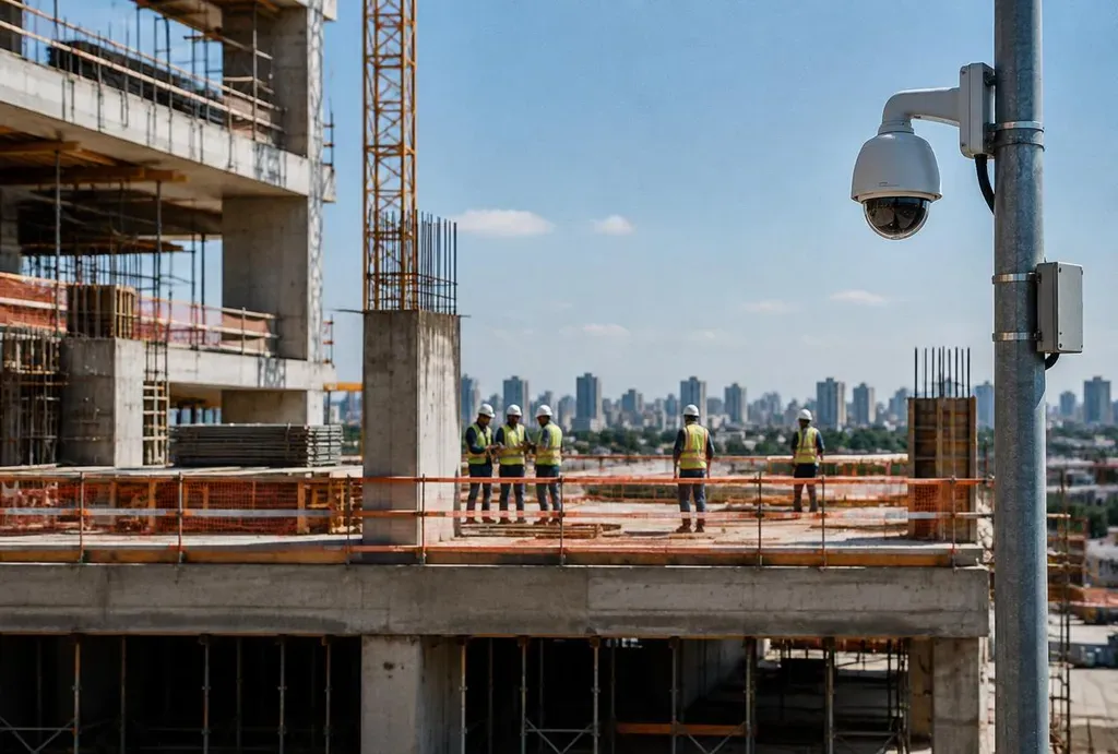 Canteiro de obras com trabalhadores de capacete e colete e câmera de segurança em poste