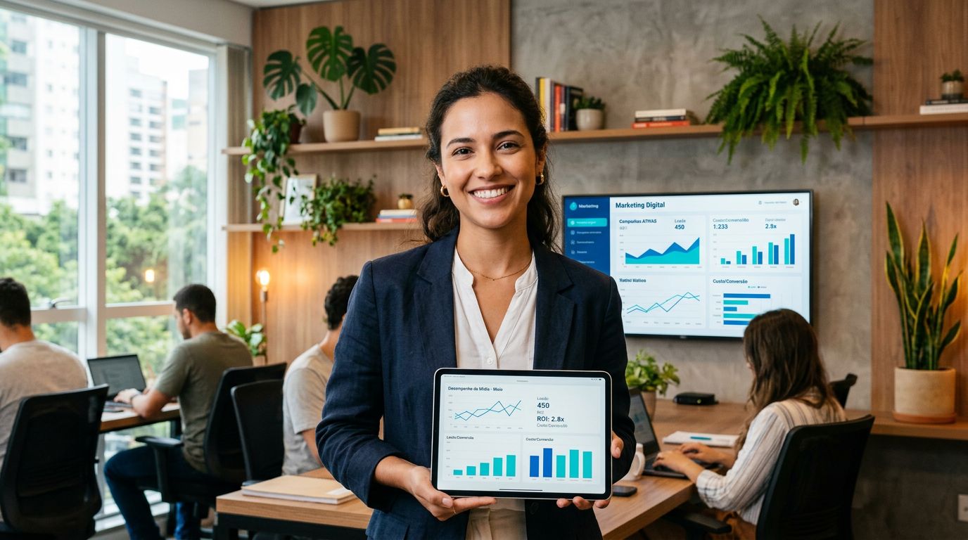 Profissional analisando dashboard de marketing analytics em escritório corporativo moderno