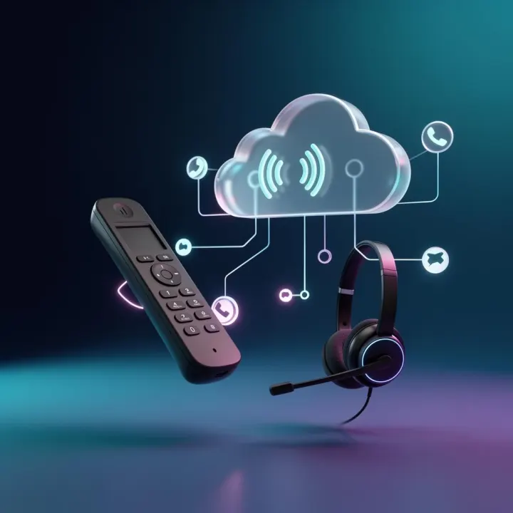 Ilustração de PABX em nuvem com cloud, telefone IP e headset